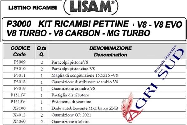 P3000 Kit Ricambi Pettine V8 - V8 Evo - V8 Turbo - V8 Carbon - Mg Turbo